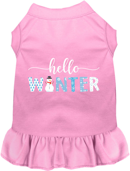 Light pink Hello Winter pet dress with snowman design