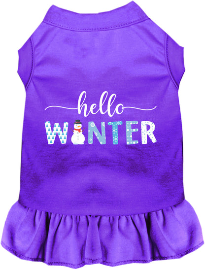 Purple Hello Winter pet dress with snowman design