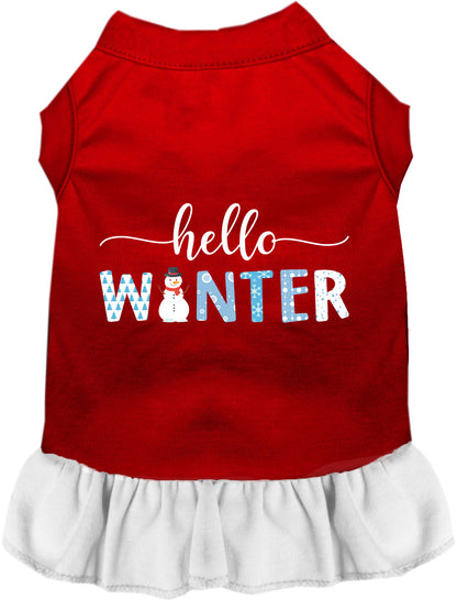 Red Hello Winter pet dress with white skirt