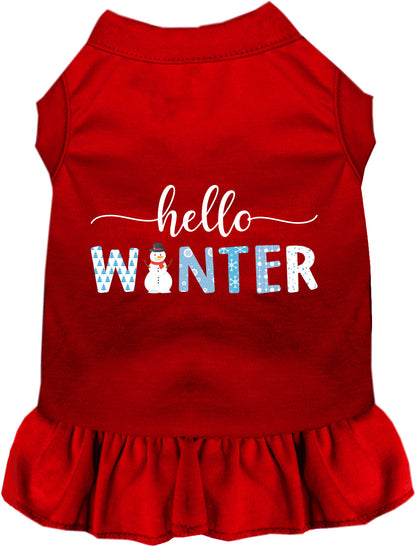 Red Hello Winter pet dress with snowman design