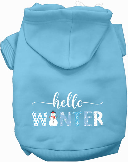 Light blue Hello Winter Pet Hoodie with snowman design