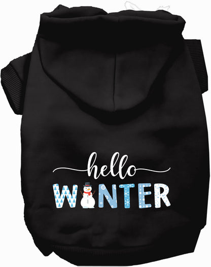 Black Hello Winter Pet Hoodie with snowman design