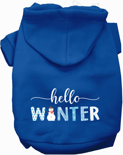 Blue Hello Winter Pet Hoodie with snowman design