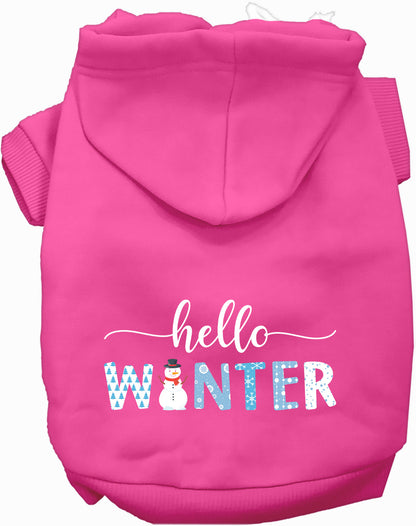 Pink Hello Winter Pet Hoodie with snowman design