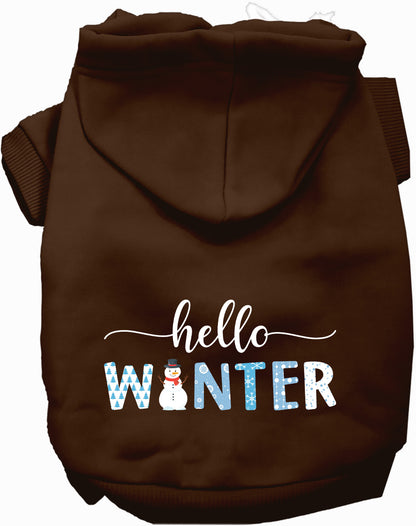 Brown Hello Winter Pet Hoodie with snowman design