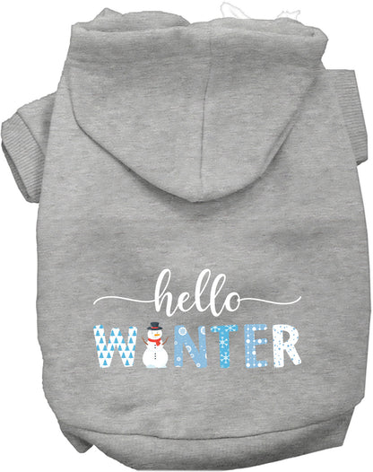 Gray Hello Winter Pet Hoodie with snowman design