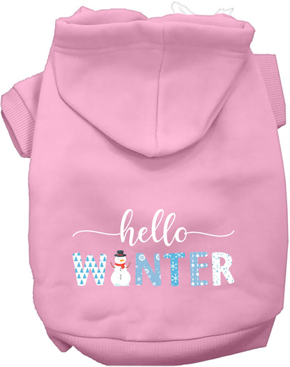 Light pink Hello Winter Pet Hoodie with snowman design