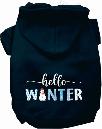 Dark blue Hello Winter Pet Hoodie with snowman design