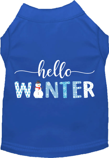 Blue Hello Winter Pet Shirt with snowman design