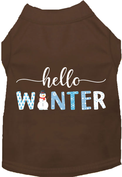 Brown Hello Winter Pet Shirt with snowman design