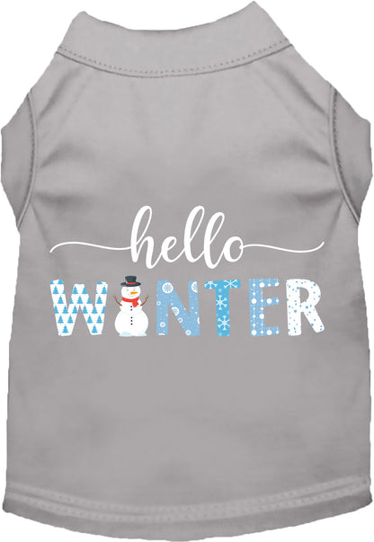 Gray Hello Winter Pet Shirt with snowman design