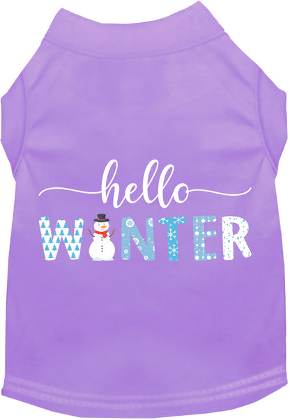 Lavender Hello Winter Pet Shirt with snowman design