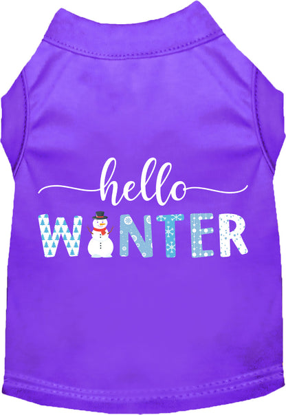 Purple Hello Winter Pet Shirt with snowman design