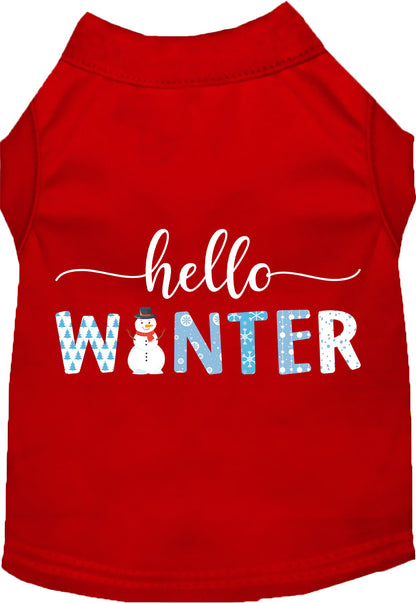 Red Hello Winter Pet Shirt with snowman design