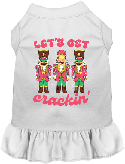 White Let's Get Crackin' pet dress with nutcracker design