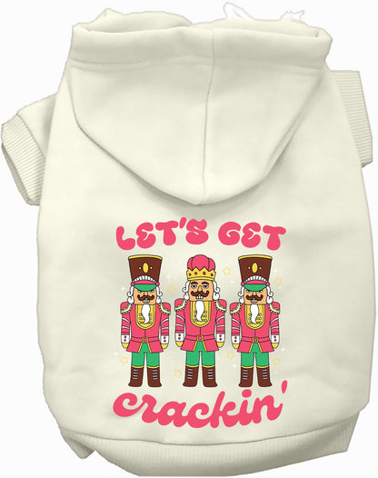 White Let's Get Crackin' Pet Hoodie with nutcracker design