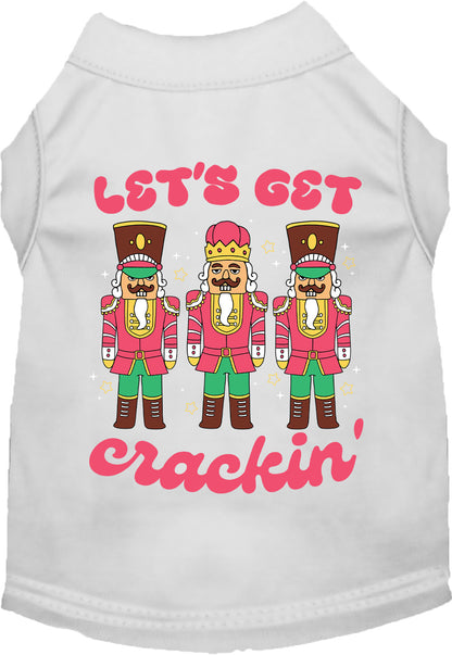 White Let's Get Crackin' pet shirt with nutcracker design