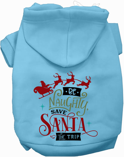 Light blue Save Santa the Trip pet hoodie with festive design