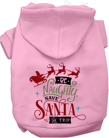 Light pink Save Santa the Trip pet hoodie with festive design