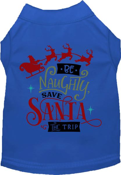 Dark blue pet shirt with 'Be Naughty, Save Santa the Trip' design