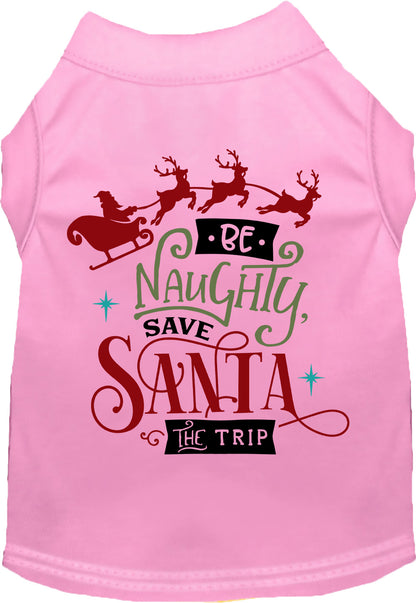 Light pink pet shirt with 'Be Naughty, Save Santa the Trip' design