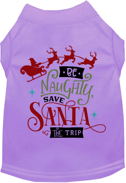 Lavender pet shirt with 'Be Naughty, Save Santa the Trip' design