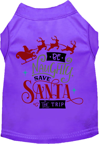 Purple pet shirt with 'Be Naughty, Save Santa the Trip' design