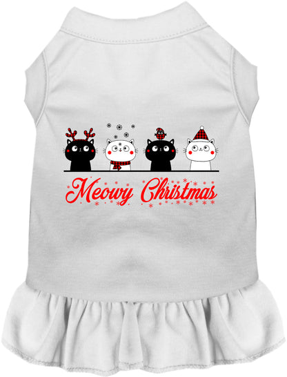 White Meowy Christmas pet dress with festive cat design