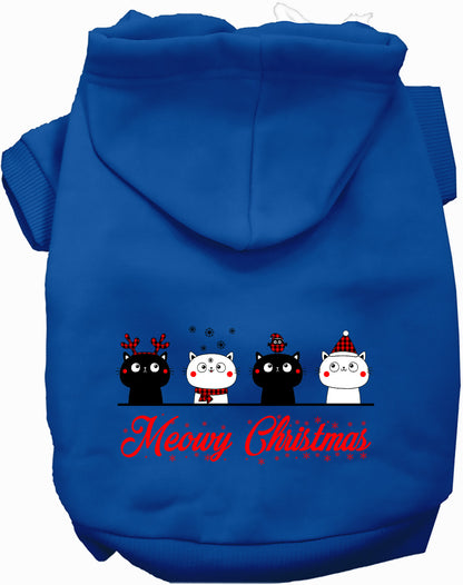 Dark blue Meowy Christmas pet hoodie with cute cat design