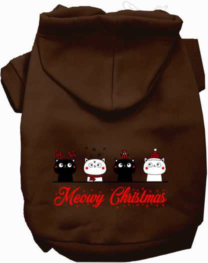 Brown Meowy Christmas pet hoodie with cute cat design