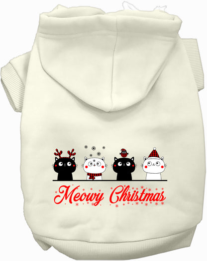 White Meowy Christmas pet hoodie with cute cat design