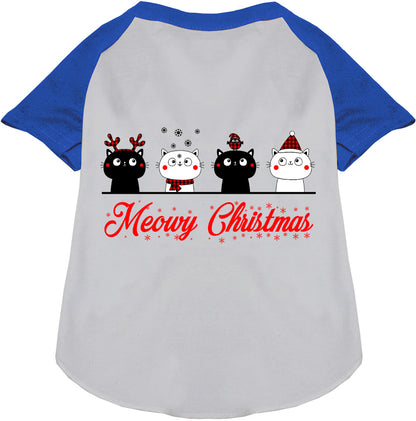 Blue Meowy Christmas pet raglan shirt with cat design