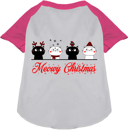 Pink Meowy Christmas pet raglan shirt with cat design