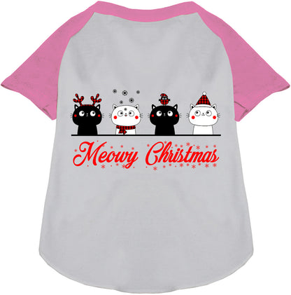 Light pink Meowy Christmas pet raglan shirt with cat design