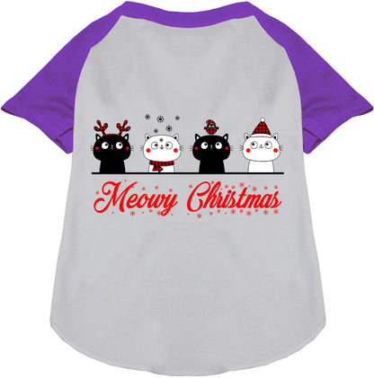 Purple Meowy Christmas pet raglan shirt with cat design