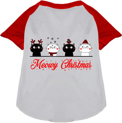 Red Meowy Christmas pet raglan shirt with cat design