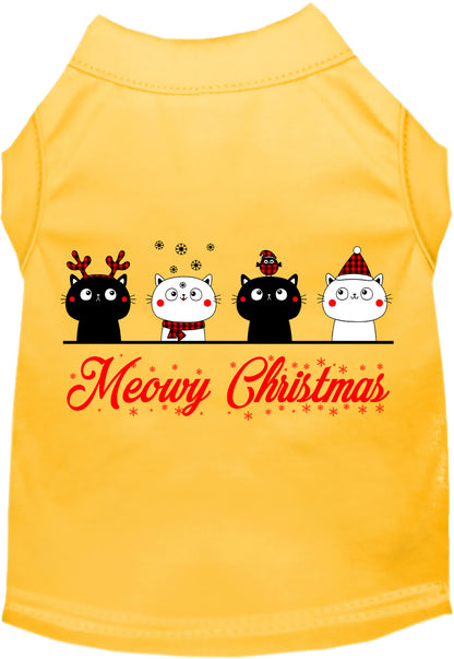 Yellow Meowy Christmas pet shirt with cute cat illustrations