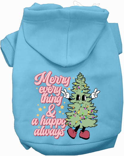 Light blue Merry Everything pet hoodie with festive tree design