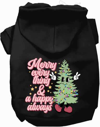 Black Merry Everything pet hoodie with festive tree design