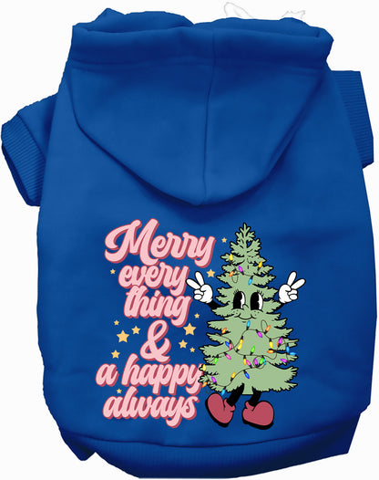 Royal blue Merry Everything pet hoodie with festive tree design