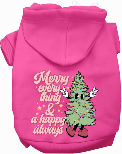 Pink Merry Everything pet hoodie with festive tree design