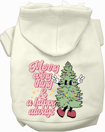 White Merry Everything pet hoodie with festive tree design