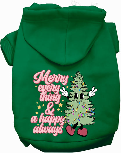 Green Merry Everything pet hoodie with festive tree design