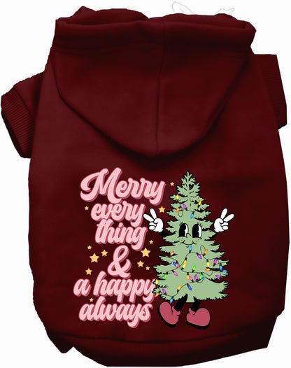 Maroon Merry Everything pet hoodie with festive tree design