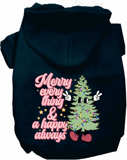 Navy Merry Everything pet hoodie with festive tree design