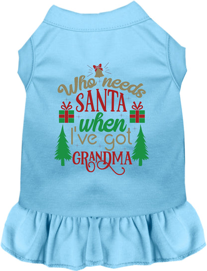 Blue pet dress with 'Who needs Santa when I've got Grandma' design