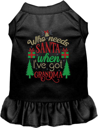 Black pet dress with 'Who needs Santa when I've got Grandma' design