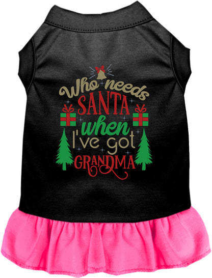 Black pet dress with pink skirt and 'Who needs Santa when I've got Grandma' design