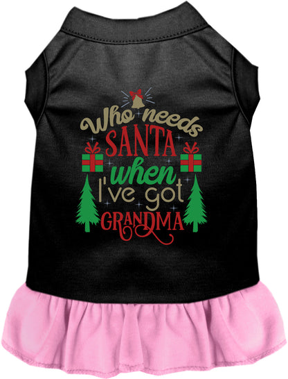 Black pet dress with light pink skirt and 'Who needs Santa when I've got Grandma' design