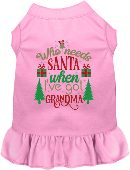 Light pink pet dress with 'Who needs Santa when I've got Grandma' design